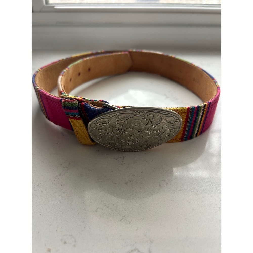 Kids‎ Multicolor Striped Handwoven Textile Leather Belt Silver Floral Buckle L